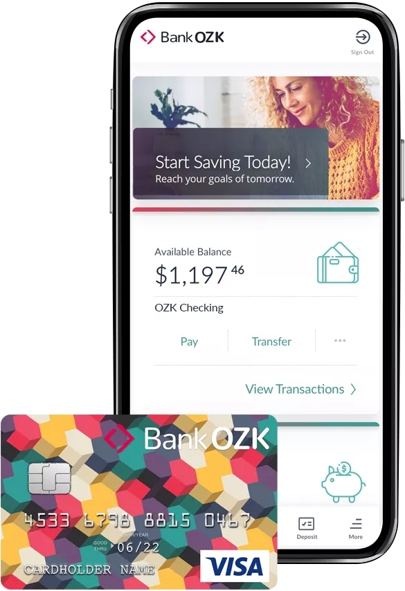 The Bank OZK mobile app on a phone, with a colorful debit card shown in front.